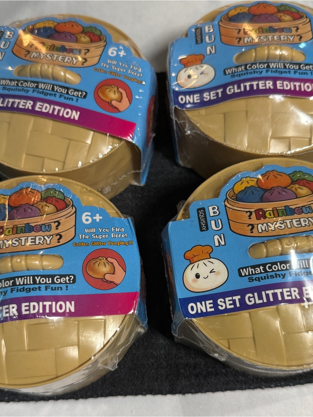 Lot of 4 Rainbow Mystery Squishy Bun Dumpling Fidget Toys - Glitter Edition
